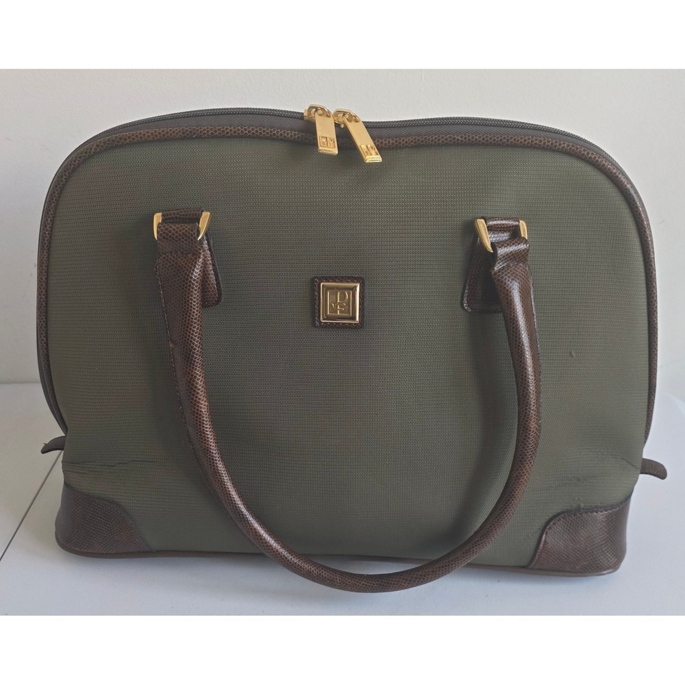 Diane von Furstenberg Weekender Travel Bag Large Green Brown Faux Snakeskin Trim